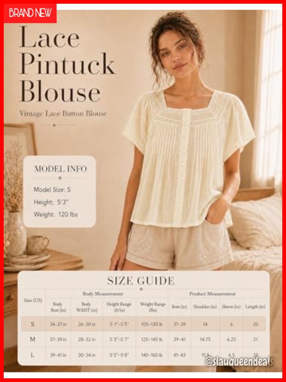 100% Cotton Lace Babydoll Top Square Neck Flutter Sleeve Button Down Crop Blouse - Picture 6 of 7